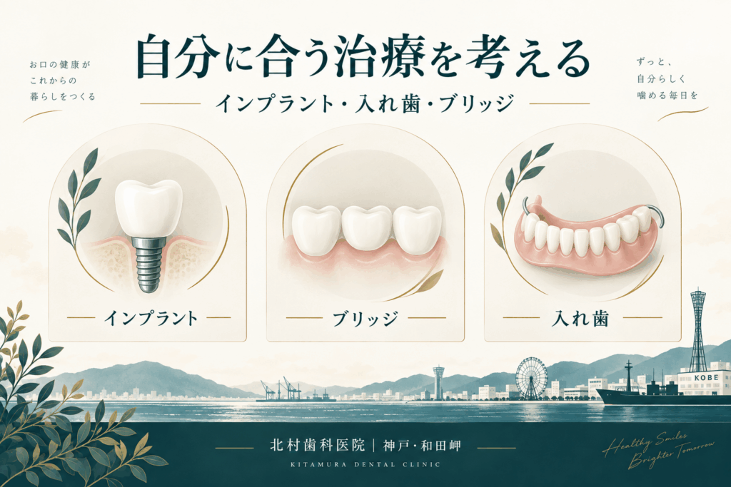 インプラントとブリッジと入れ歯の治療方法を比較する模型のイメージ