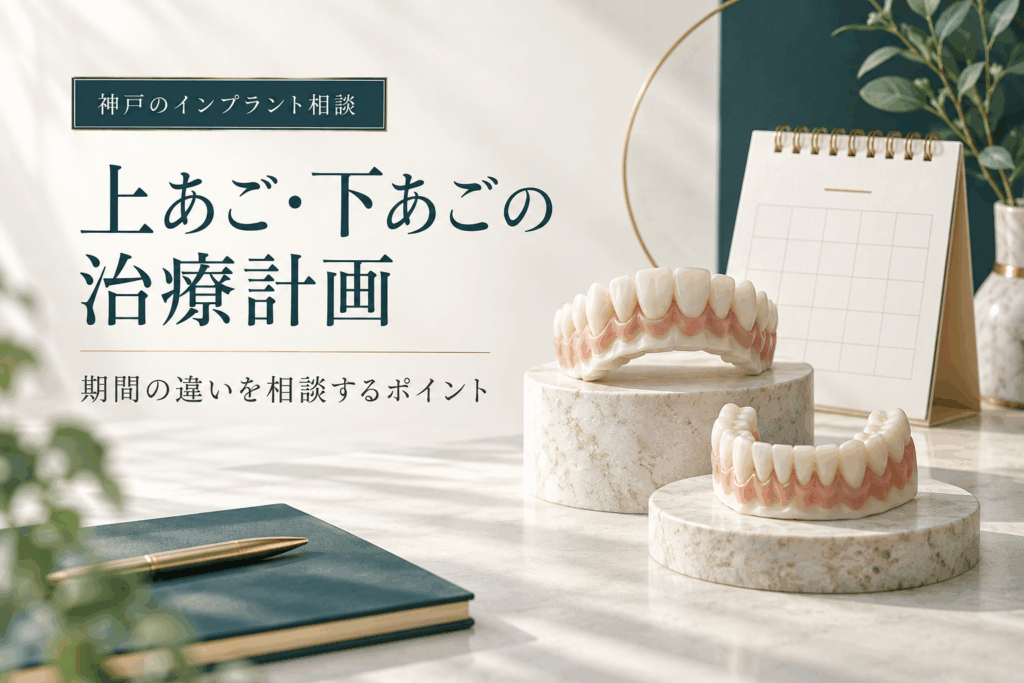 上あごと下あごの歯列模型と治療計画のカレンダーを表したイラスト