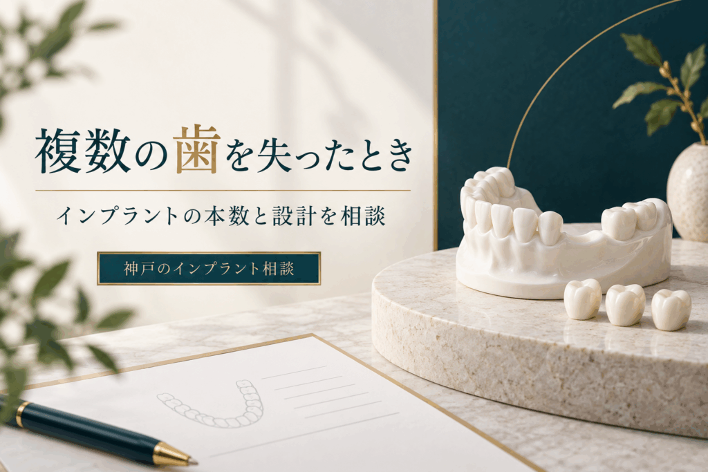 複数の歯を補うインプラントの本数と設計を考える歯列模型のイラスト