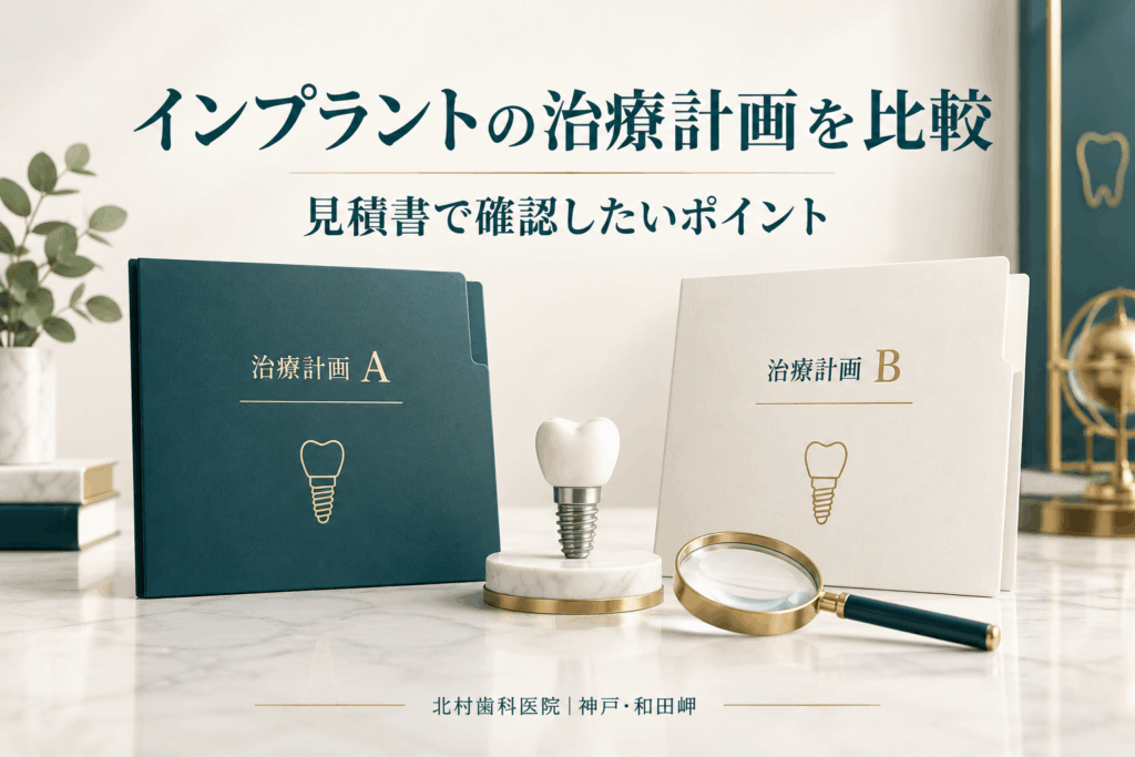 二つのインプラント治療計画と見積書を比較するイメージ