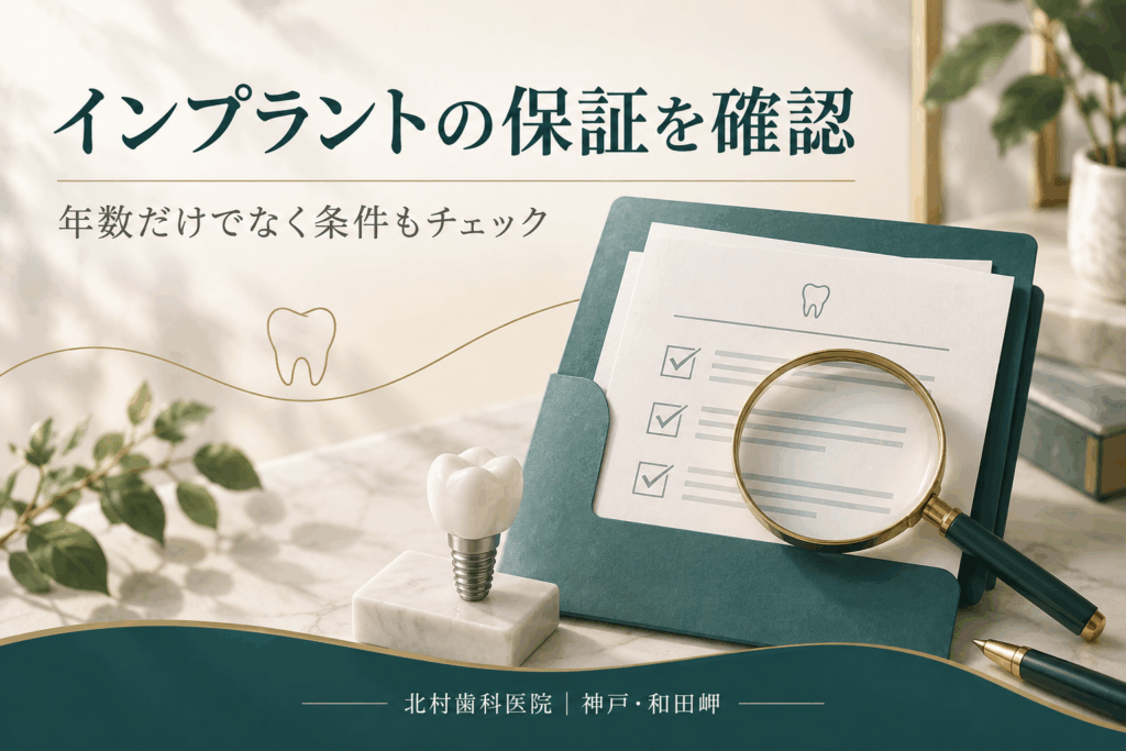インプラントの保証期間と条件を確認する書類と虫眼鏡