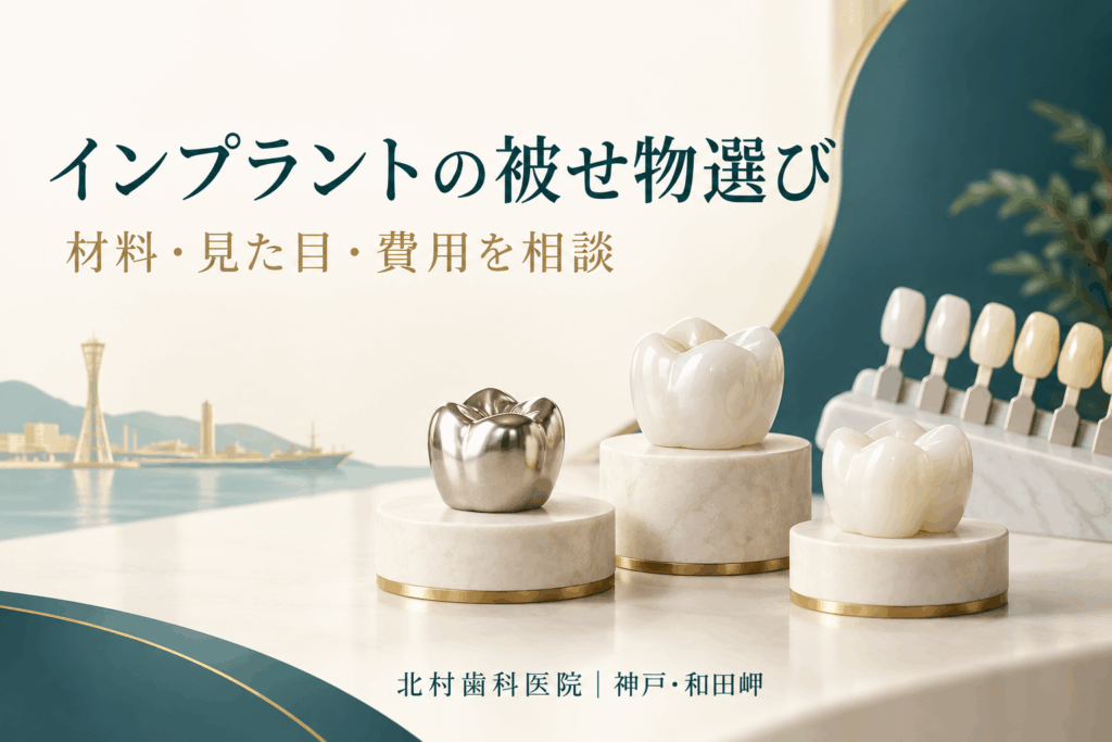 インプラントの被せ物の材料と色を比較するイメージ