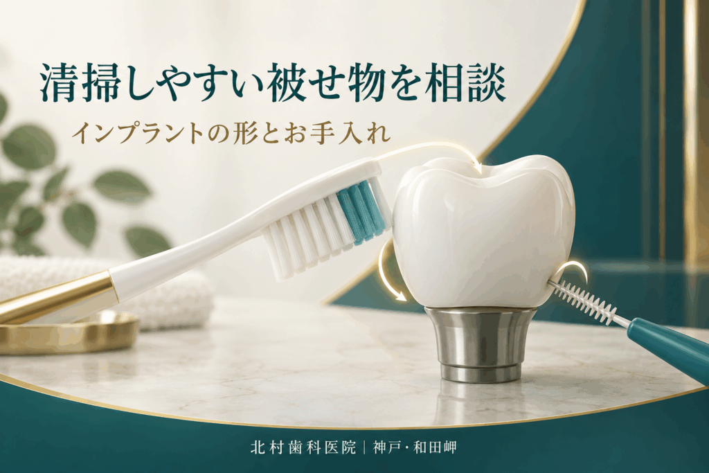 清掃しやすいインプラントの被せ物と歯ブラシのイメージ