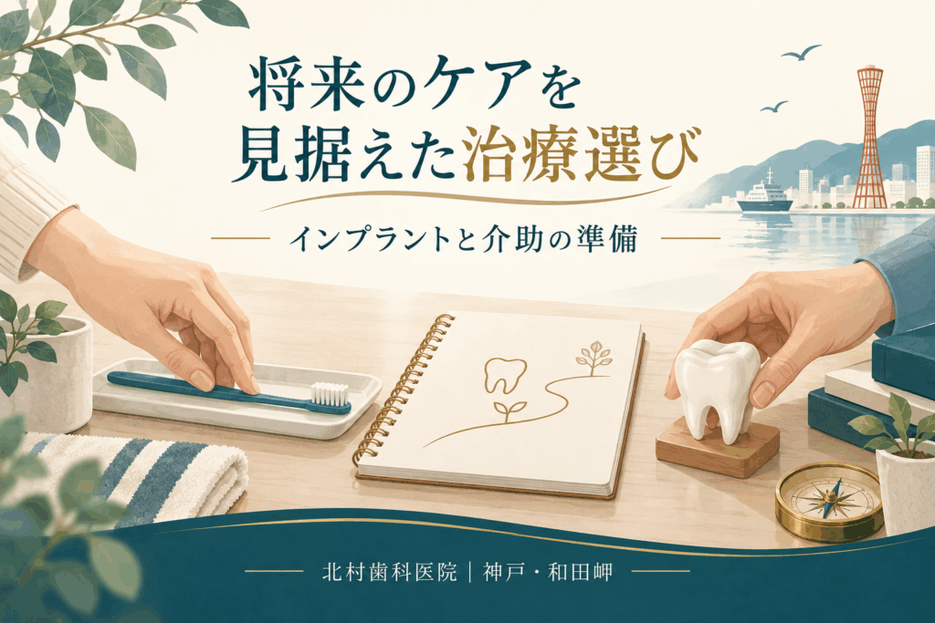 将来の介助に備えたインプラントの清掃と通院計画を考えるイメージ