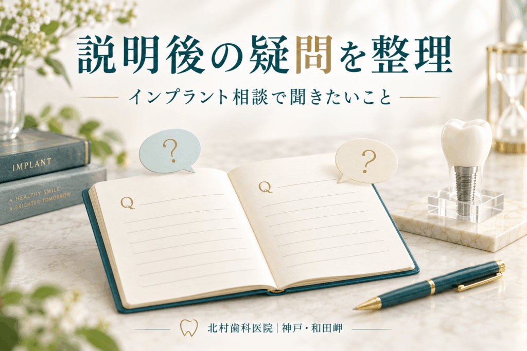 インプラントの説明後に残った疑問をノートへ整理するイメージ